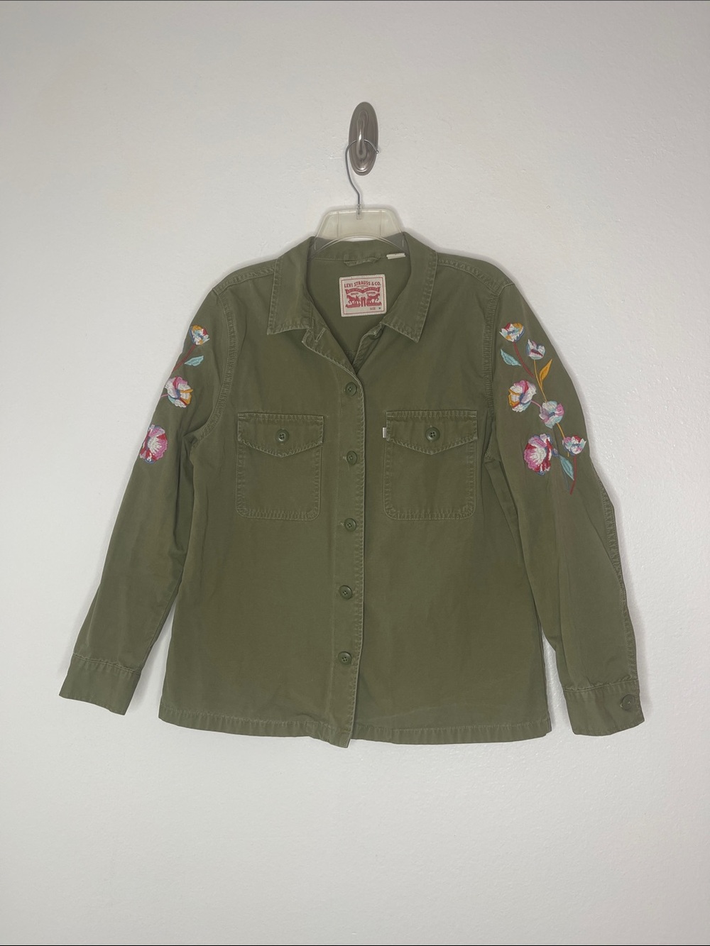LEVI'S 100% Cotton Floral Embroidered Shirt Jacket in Army Green Size Medium